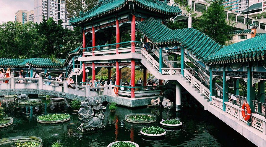 The pavilion and lily pond of the Good Wish Garden at Wong Tai Sin Temple