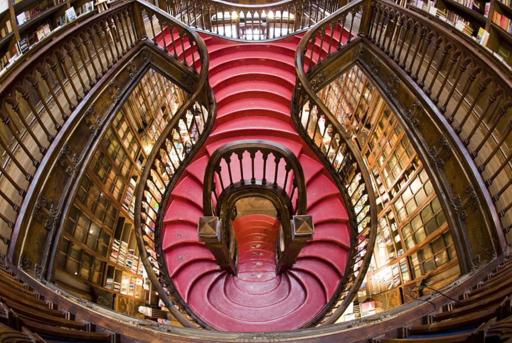 The staircase at Livraria Lello, Porto, seen from above