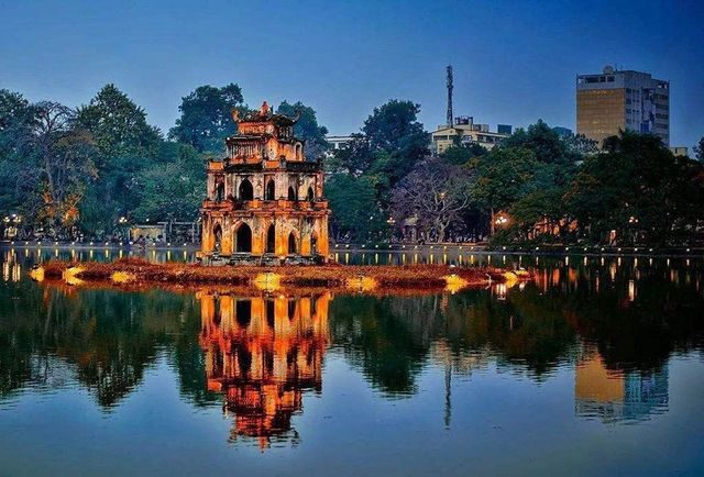 Hoan Kiem Lake in the middle of Hanoi, seen from above