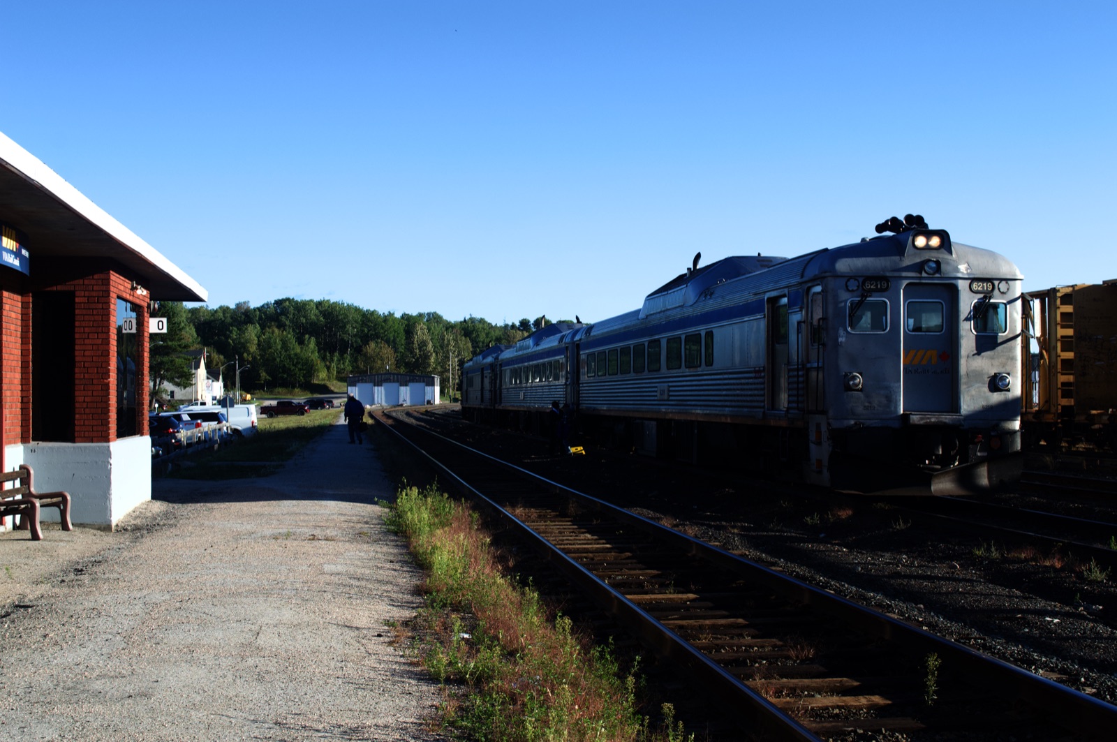 The Sudbury–White River Budd car waiting at the White River station platform, Ontario.