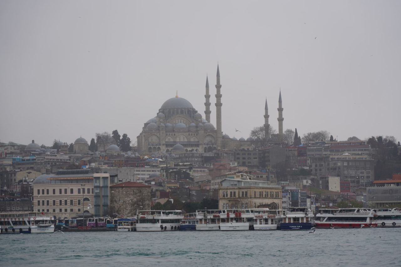 White commuter ferries moored along the waterfront at Eminönü, with the domes and minarets of Süleymaniye rising on the hill behind.