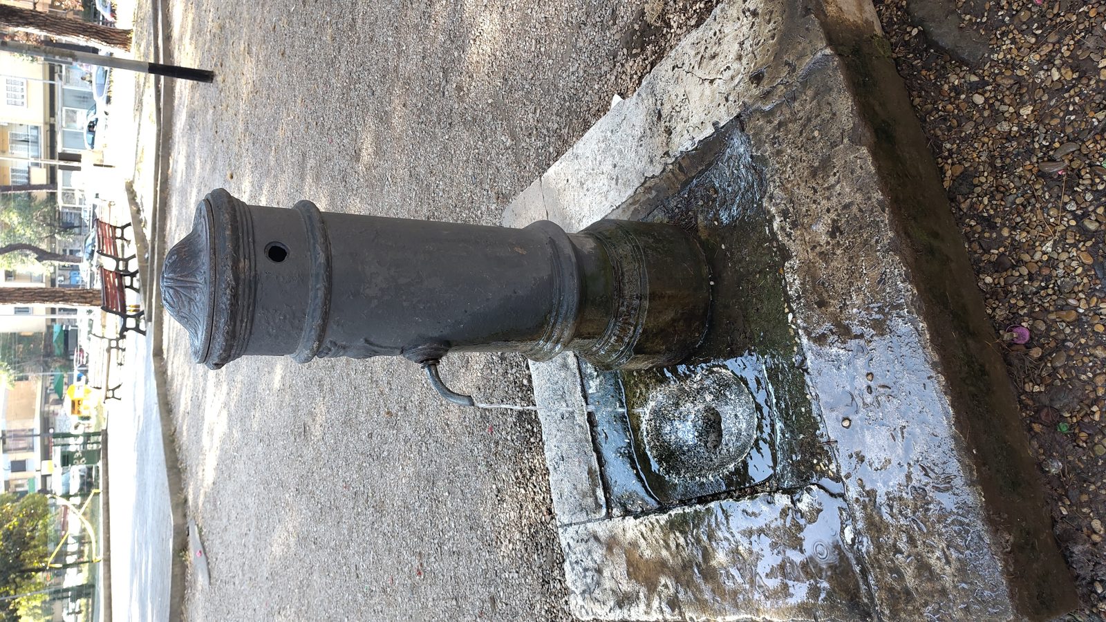 Water running continuously from the curved spout of a cast-iron nasone drinking fountain onto the wet stone of a Rome street.