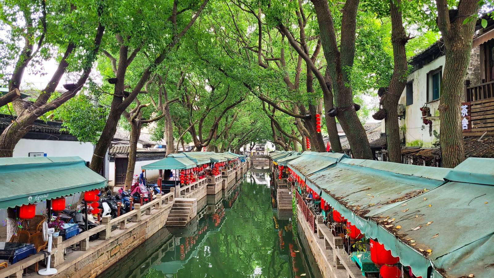 A canal in Tongli shaded by trees, market awnings and red lanterns lining both stone embankments.