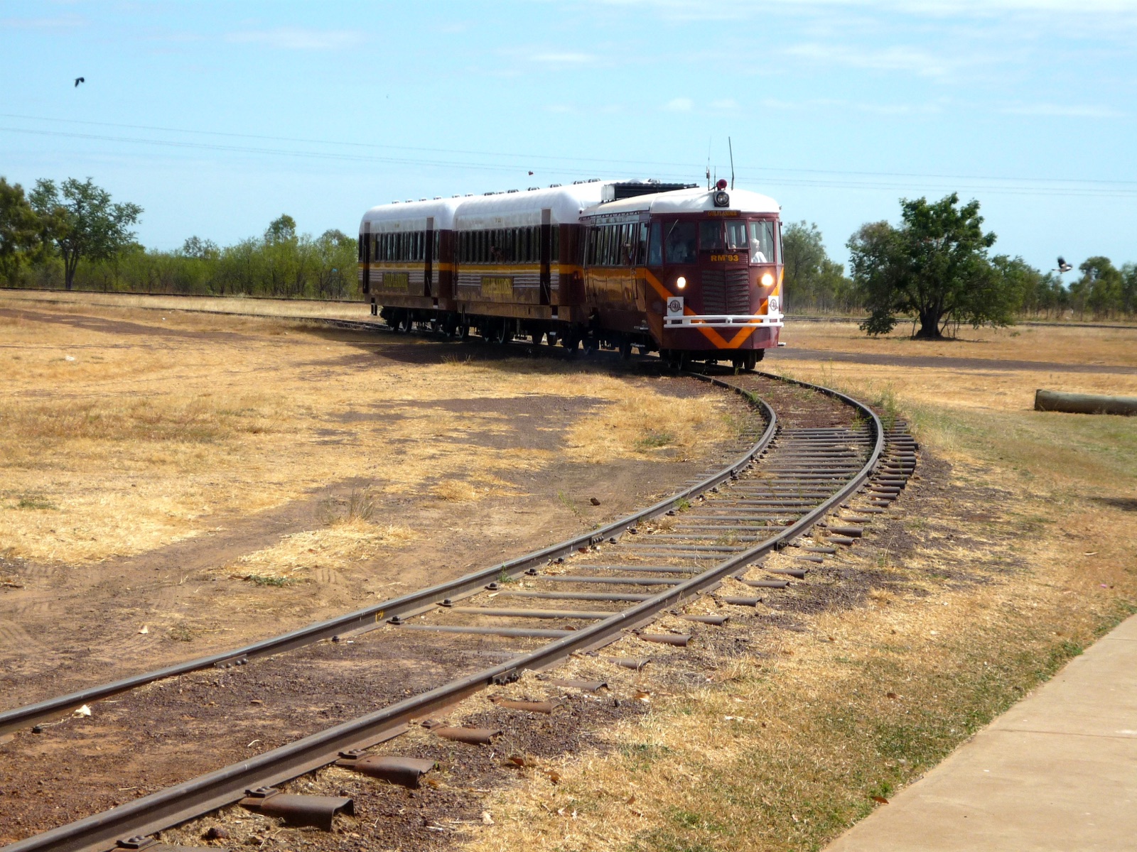 The Gulflander railmotor rounding a curve in the dry savannah between Normanton and Croydon, Queensland.