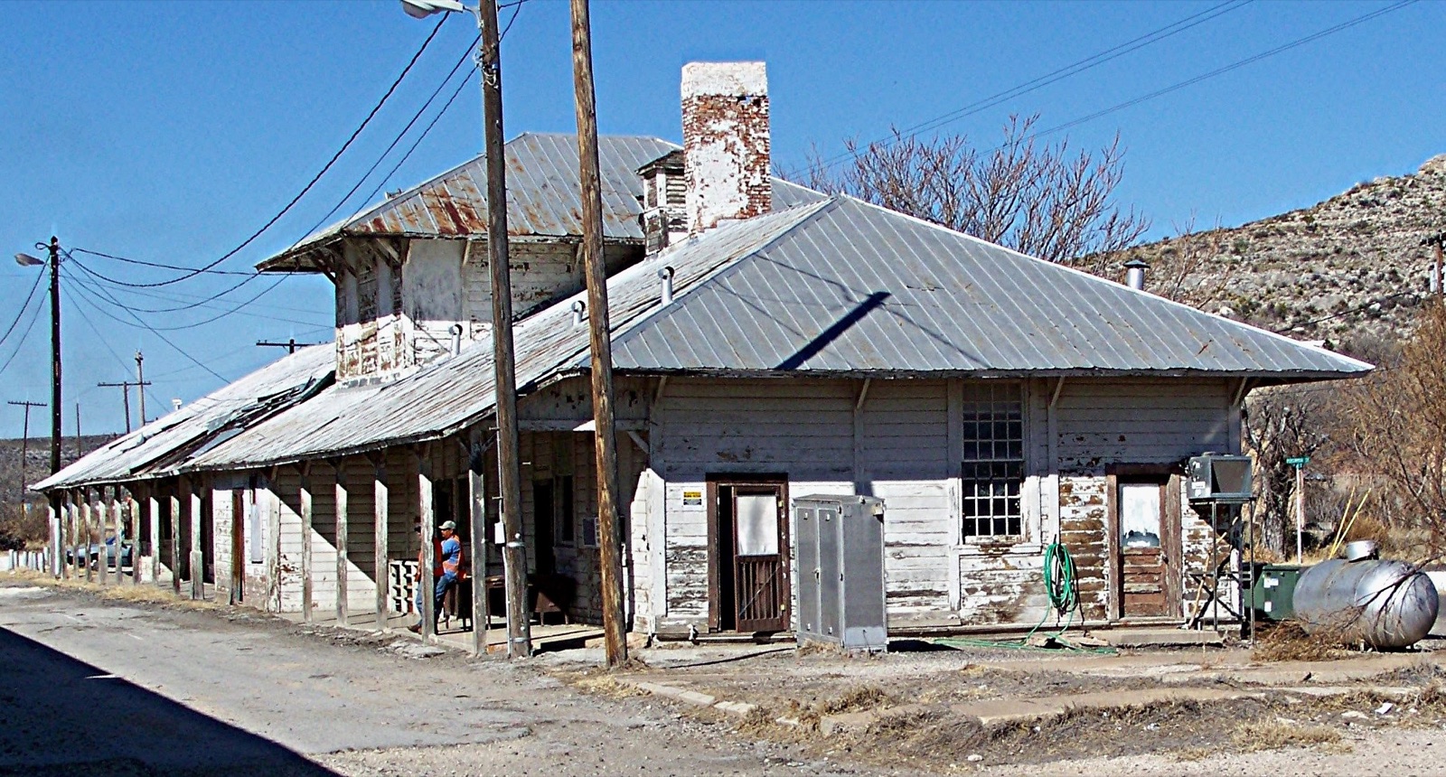 The old railroad depot at Sanderson, Texas, on the desert main line between the Amtrak calls.