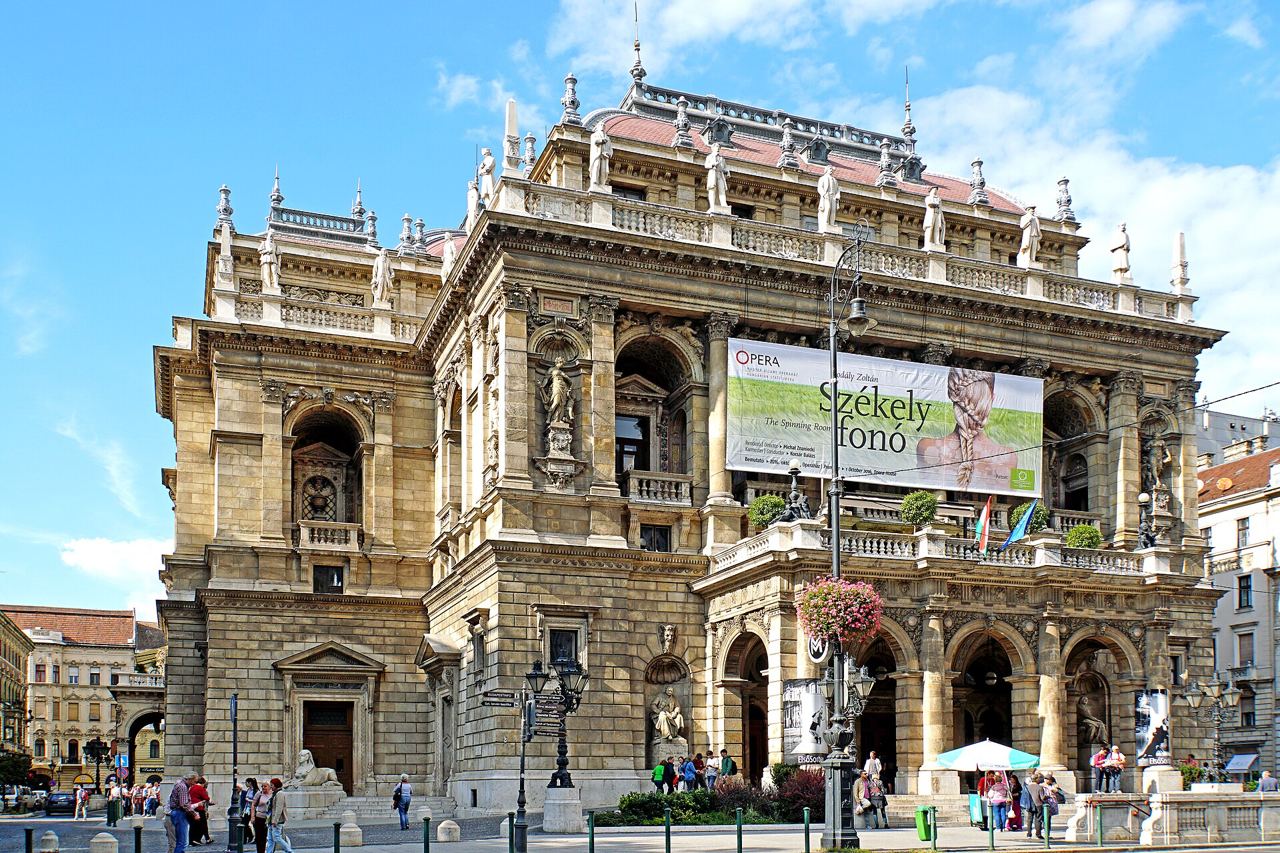 The ornate facade of the Hungarian State Opera House on Andrassy Avenue in Budapest