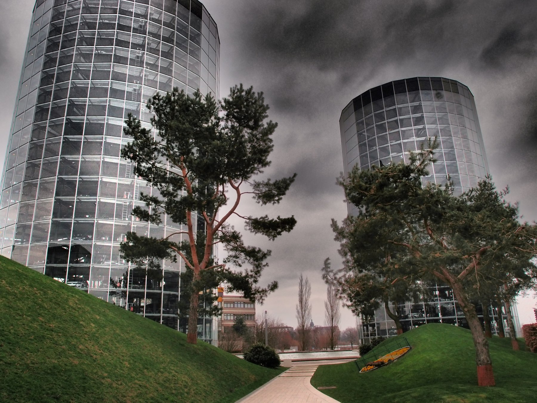 The two glass car towers of the Autostadt beside the Volkswagen plant in Wolfsburg